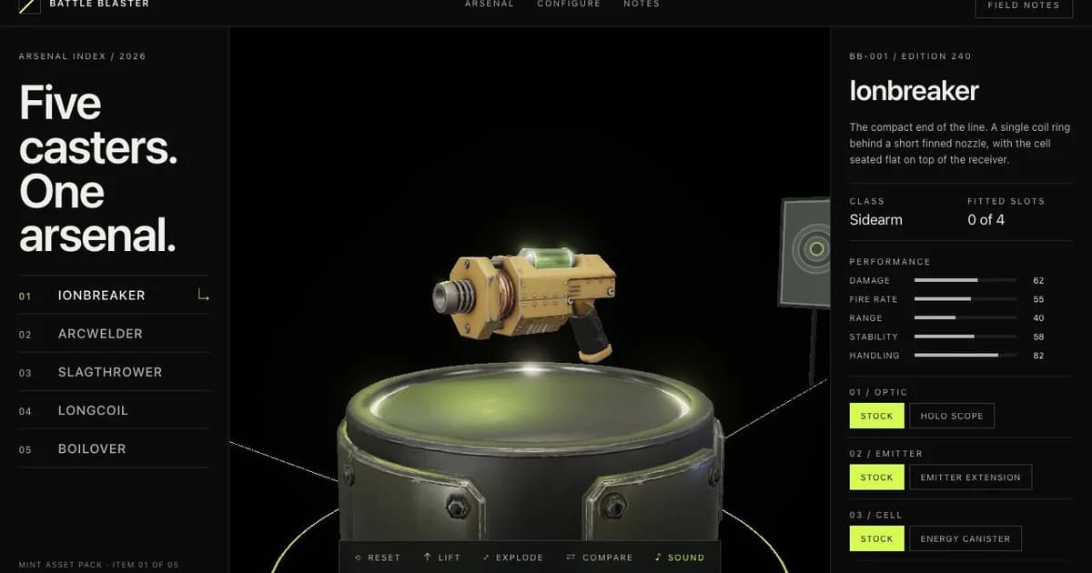 A compact plasma caster floating above an illuminated industrial pedestal in the Battle Blaster configurator.