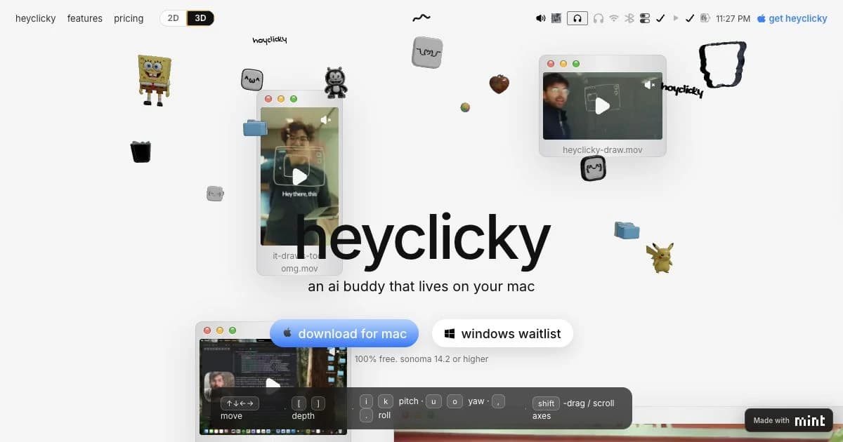 The heyclicky landing page surrounded by floating 3D character, tech, and sticker props.