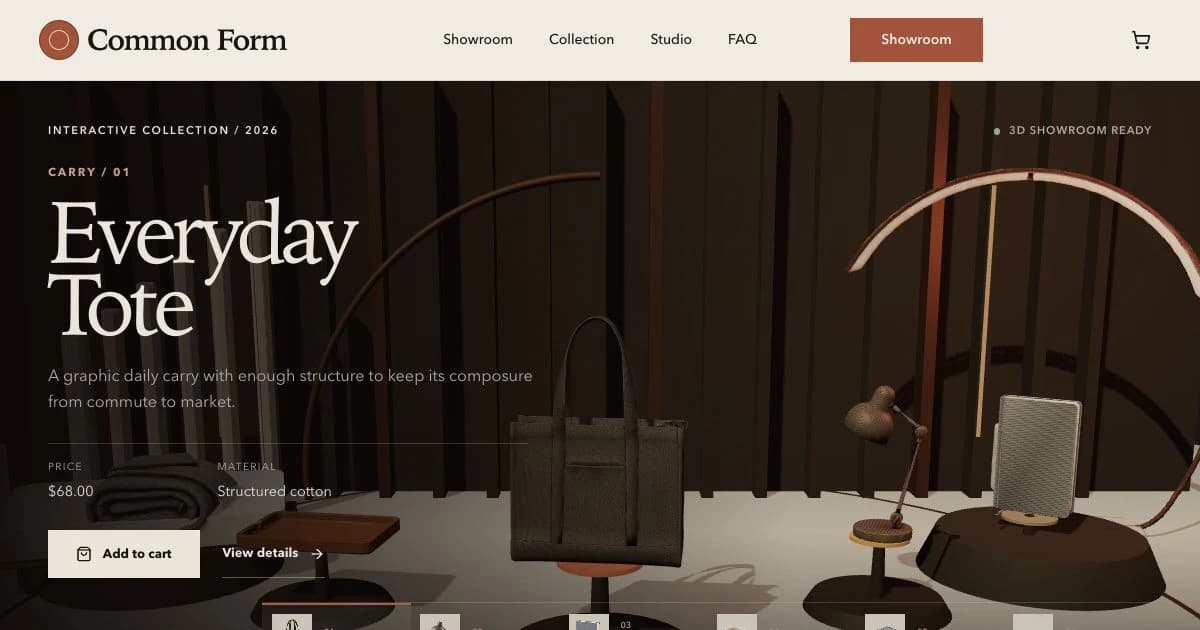 Common Form showroom with the Everyday Tote and five everyday objects staged beneath warm sculptural lighting.