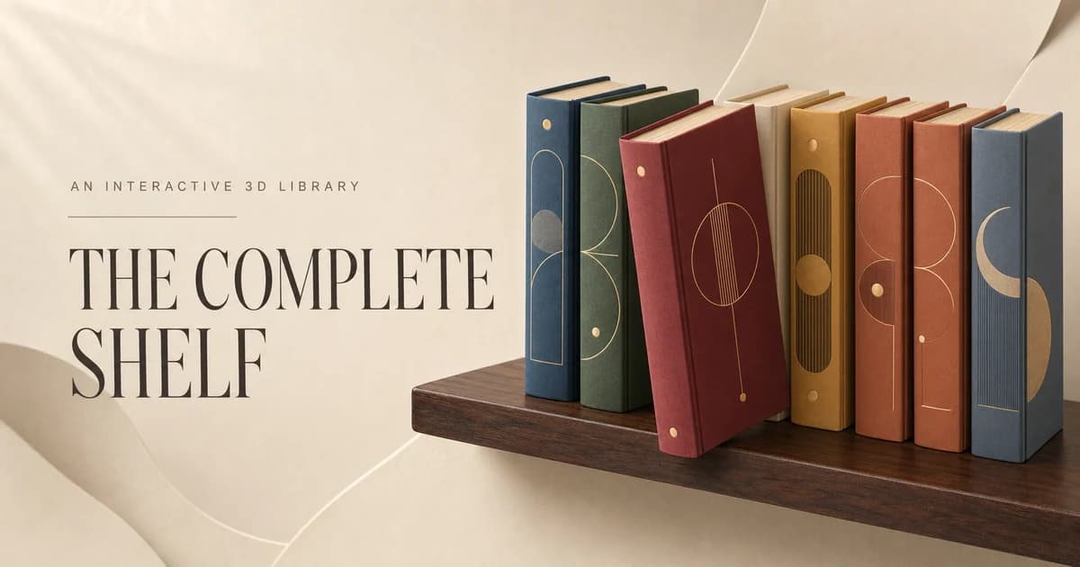 A warm editorial 3D bookshelf with colorful procedural hardcovers arranged above a walnut shelf.