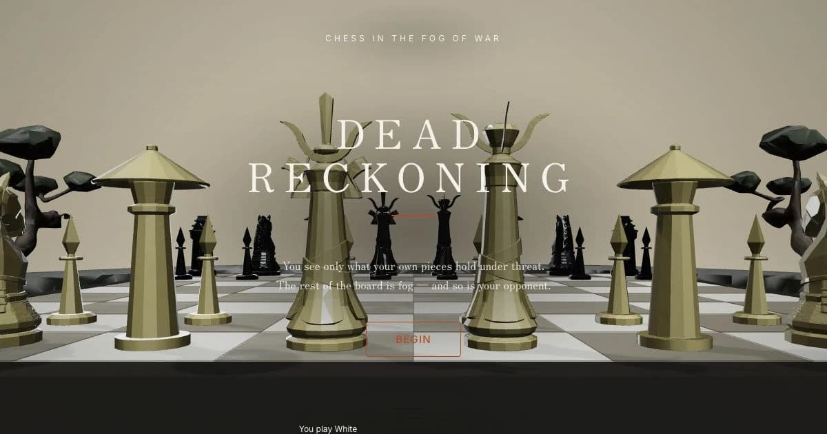 Polished ivory and black chess pieces emerging from pale fog above a rocky board in an ink-wash mountain valley.
