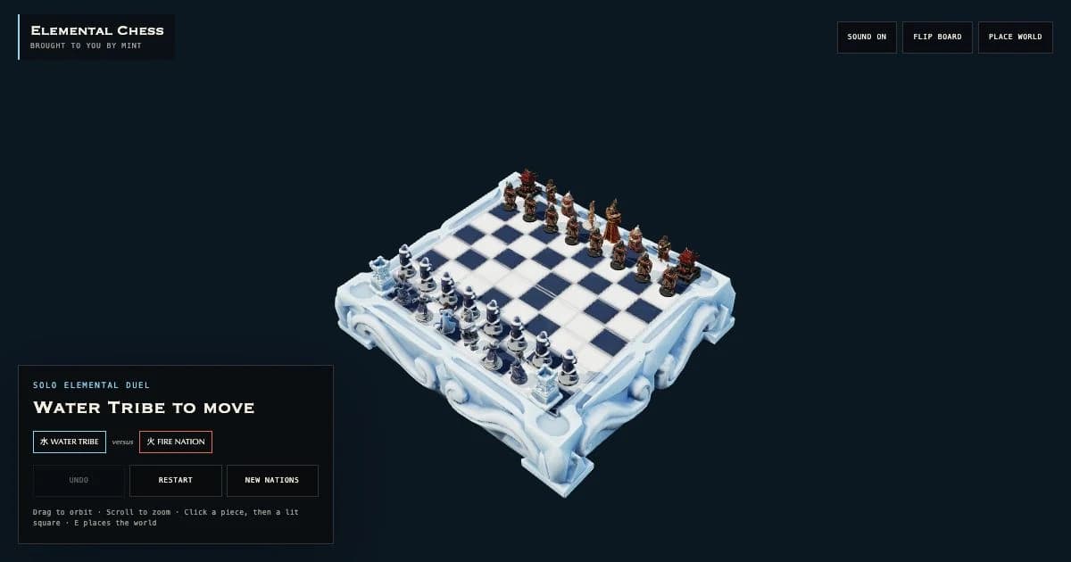 Water Tribe and Fire Nation sculptures face each other across an ornate icy chessboard.