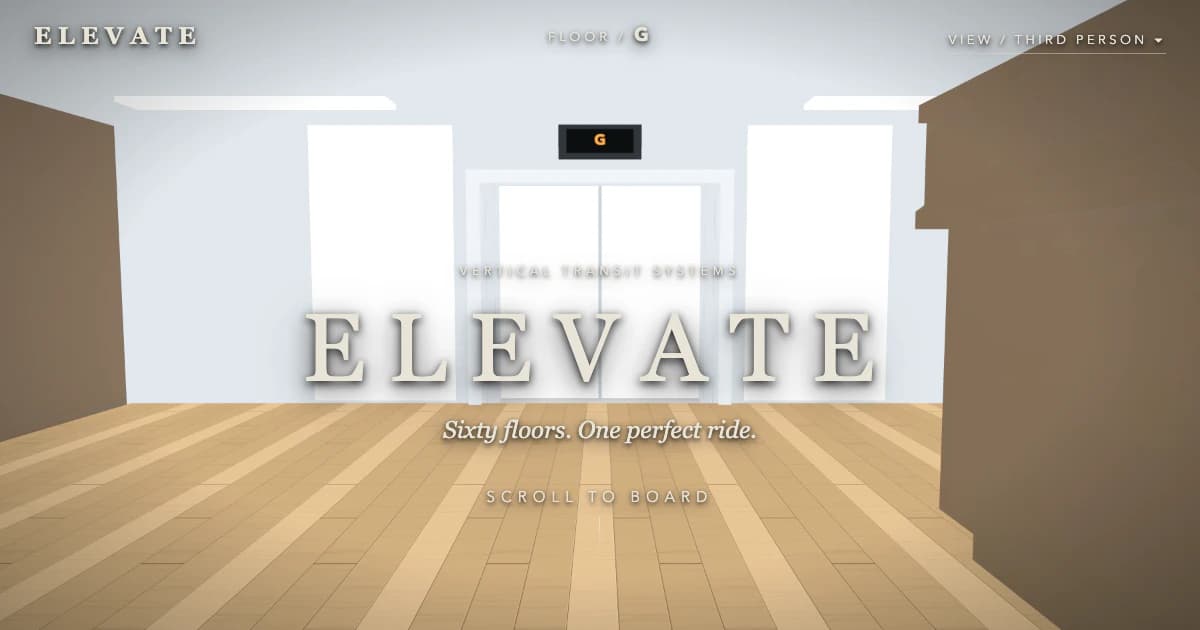A cinematic luxury elevator framed by warm architectural lighting and the ELEVATE title.