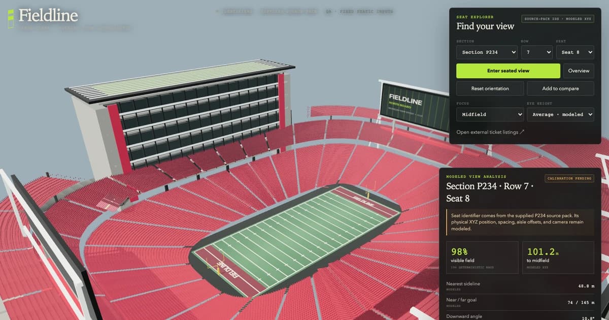 Fieldline’s modeled Levi’s Stadium bowl with the field, red seating, and selected-seat analysis panels.