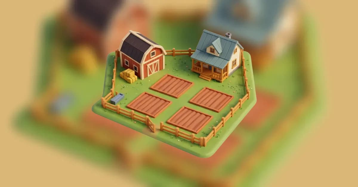 A warm storybook miniature farm with a barn, farmhouse, fenced fields, hay bales, and a water trough.