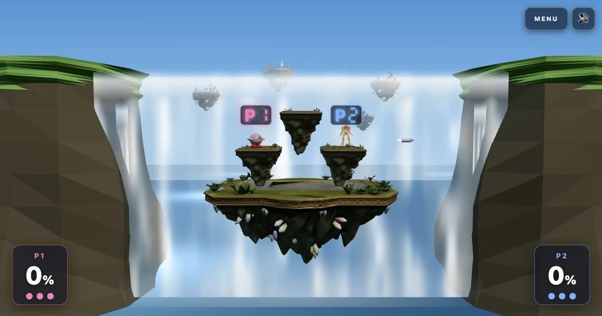 Two colorful fighters battle on a floating three-platform arena above waterfalls and distant sky islands.