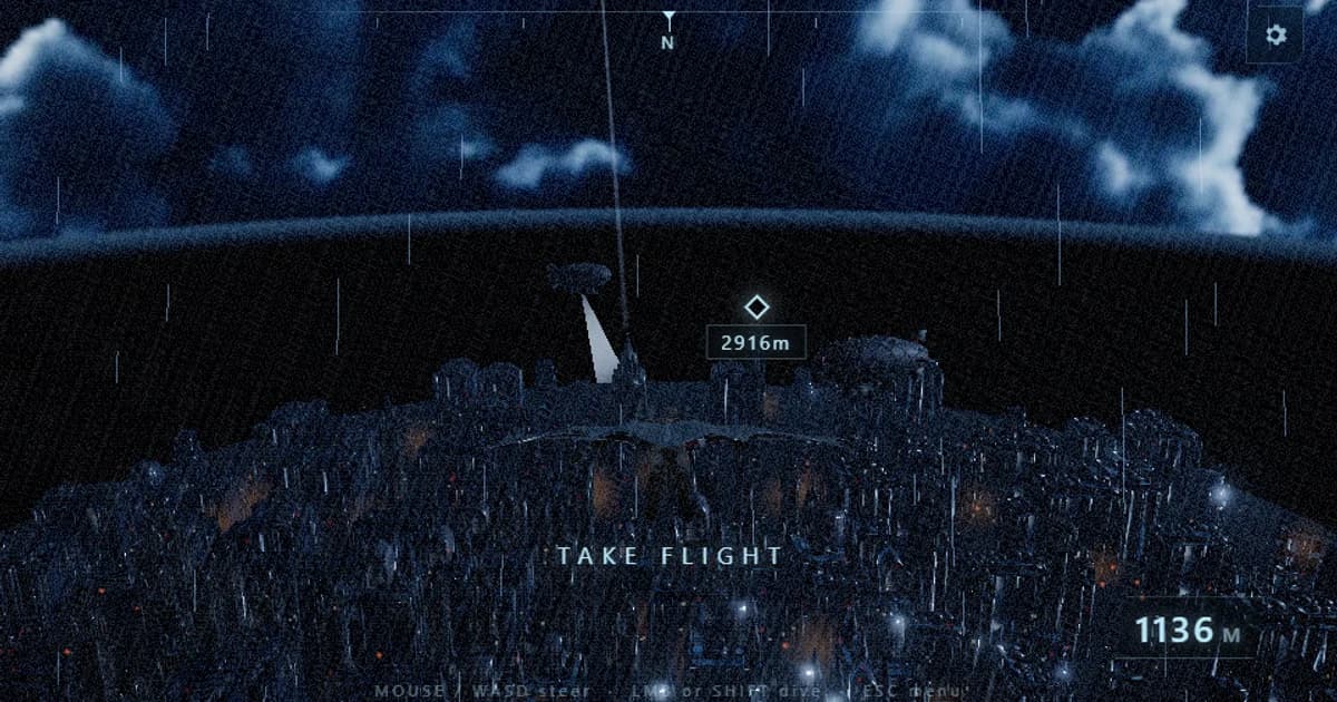 A caped vigilante gliding above a storm-lit city skyline.