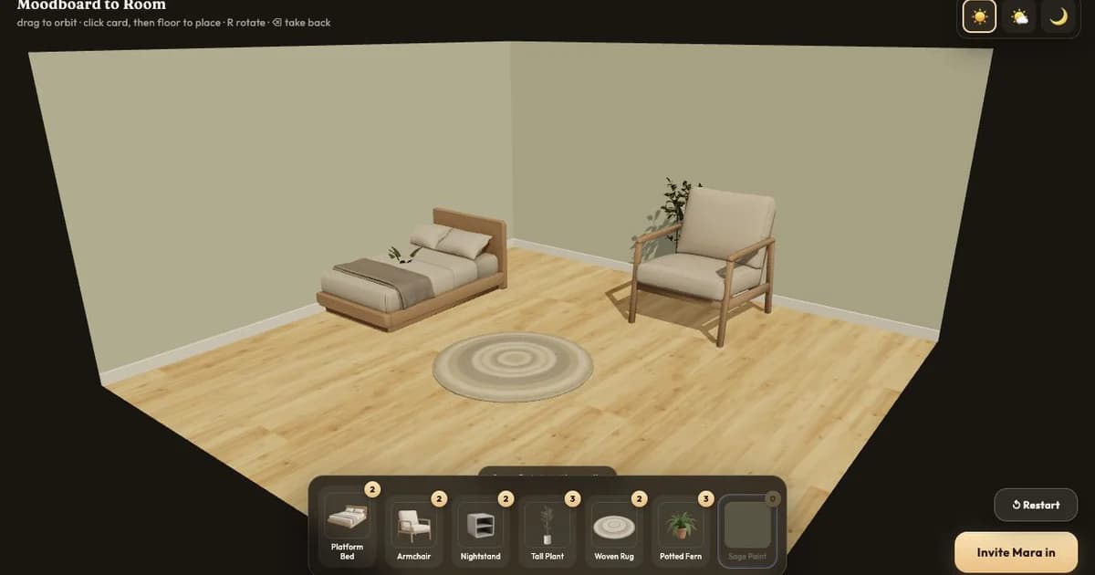 A furnished sage-green bedroom with a platform bed, chair, plants, and woven rugs inside the room-design game.