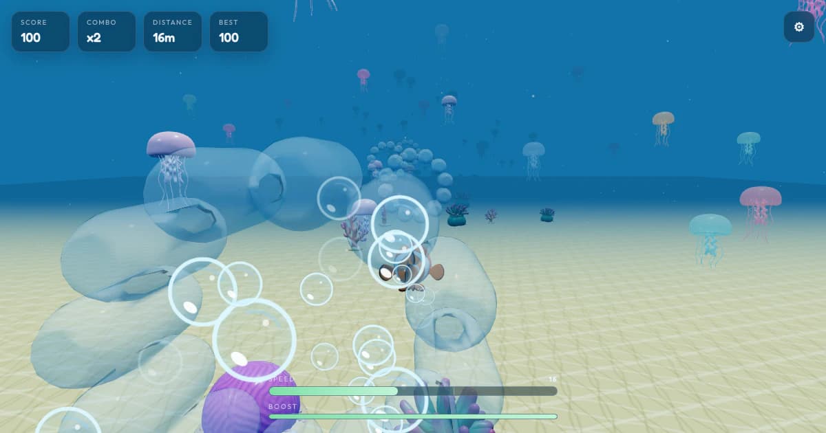 A striped clownfish swimming toward a bubble ring through a bright blue jellyfish-filled ocean.