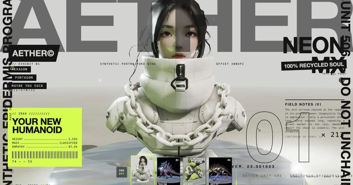 Aether humanoid displayed in the Neon Relic editorial gallery