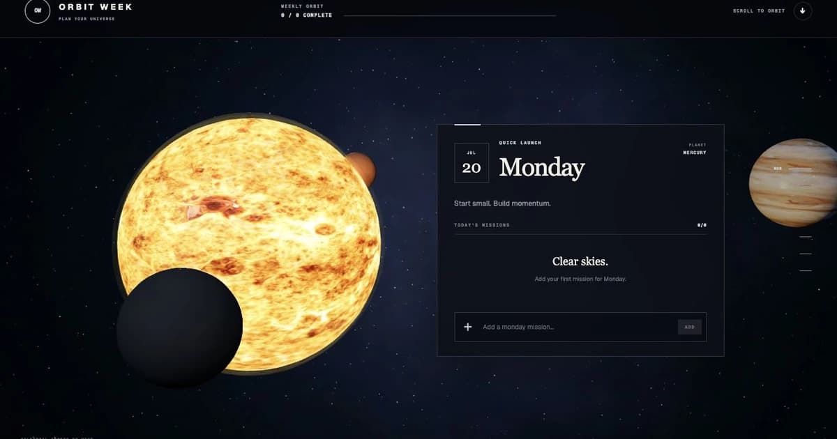 A glowing Sun and dark Mercury frame the Monday mission planner against a deep-space star field.