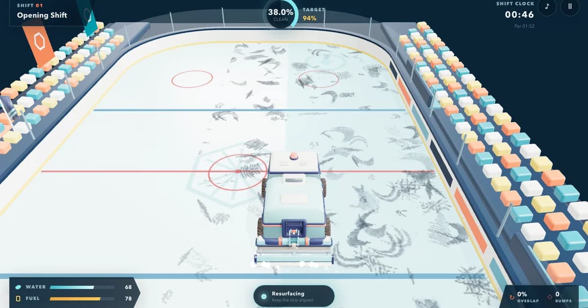 A cyan ice resurfacer cleaning a marked hockey rink under bright arena lights.