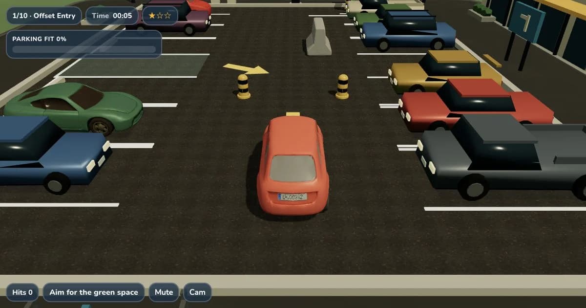 A bright toy car lining up with a marked parking bay in a miniature lot.