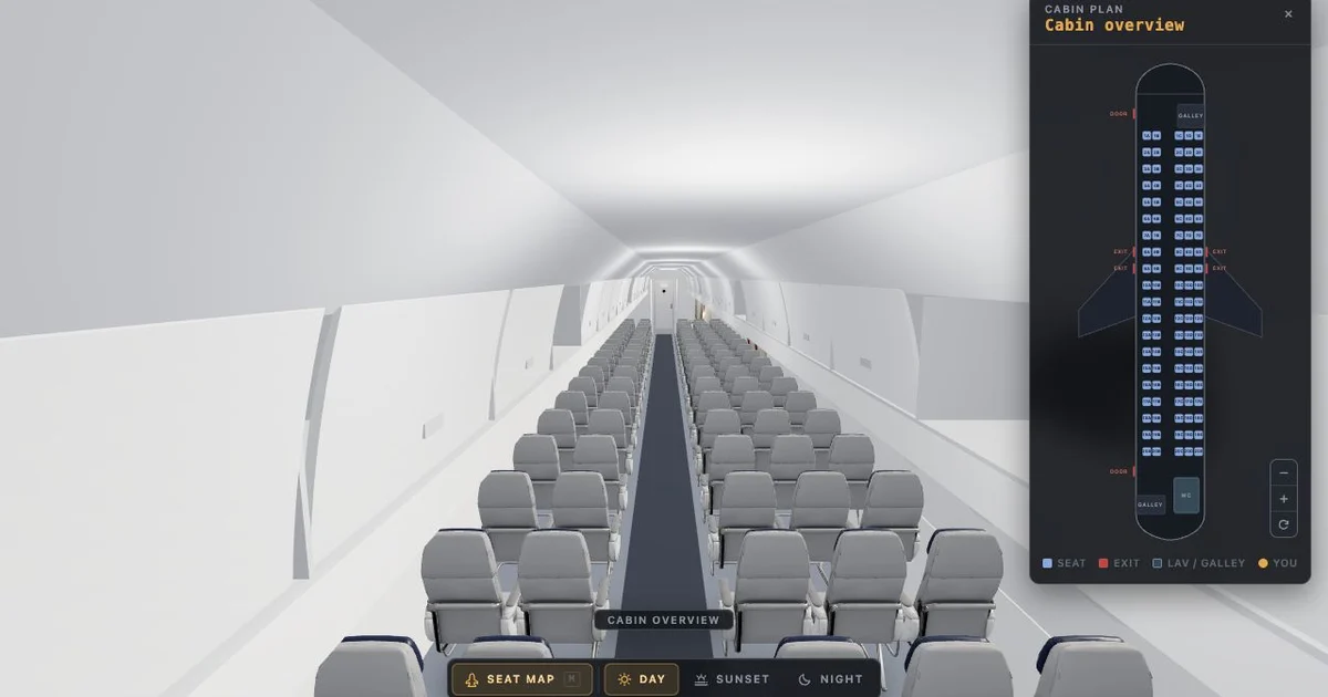 A full 3D airliner cabin viewed down the aisle with an interactive seat map floating at the right.