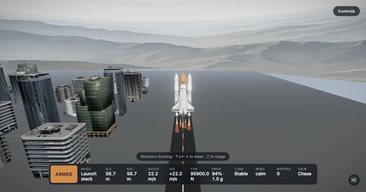 A shuttle launch stack climbing above a modern city with glowing engine plumes and live flight telemetry.