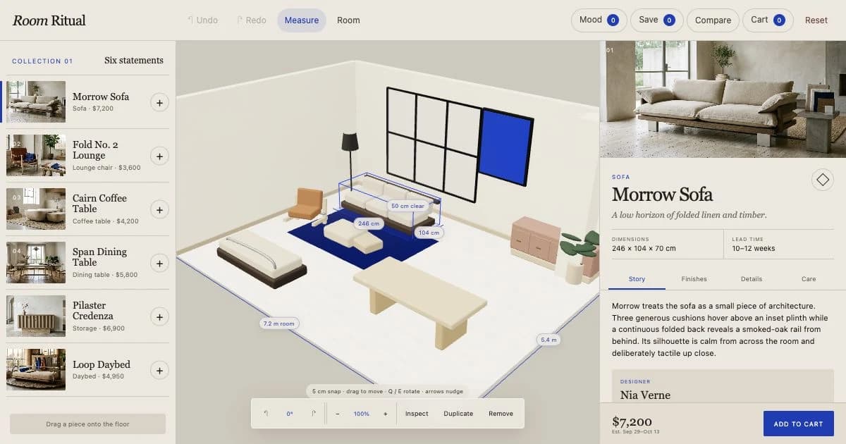 Room Ritual apartment configurator with a furniture catalog, measured 3D room plan, and product inspector.