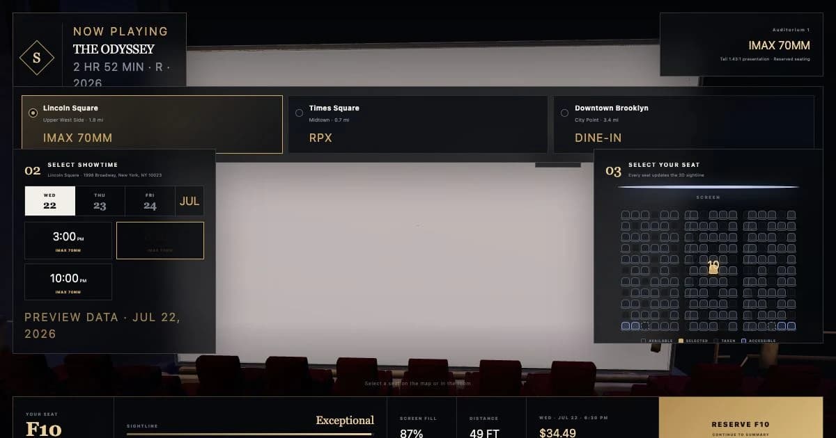 Seatline NYC showing a selected seat beside the 3D auditorium sightline and booking controls.