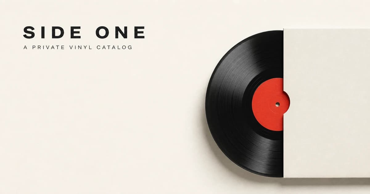 A black vinyl record with a red center label emerging from a minimal cream sleeve beside the Side One wordmark.