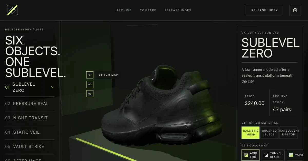 Sole Archive showing the Sublevel Zero sneaker in a dark acid-green configurator with product controls.