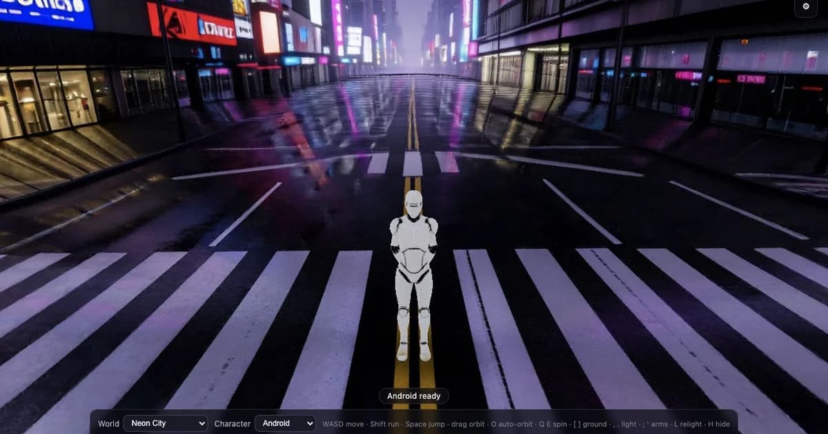 A white android standing at a rain-soaked neon intersection inside a streamed Gaussian-splat city.