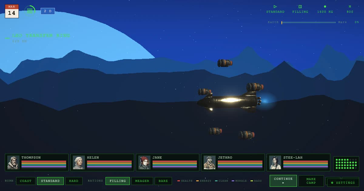 A retro colony ship crossing a pixel-styled space route under The Mars Trail mission interface.