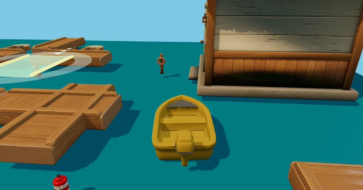 A colorful toy motorboat maneuvering between wooden marina docks on bright blue water.
