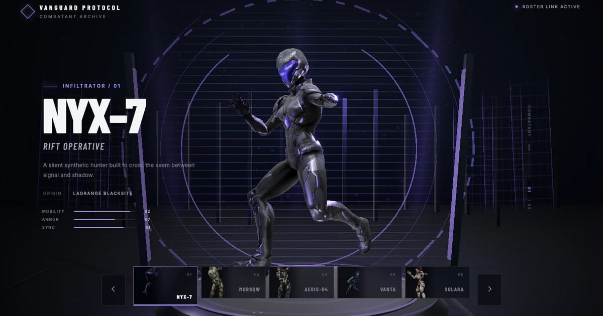 Nyx-7 displayed in the Vanguard Protocol combat roster