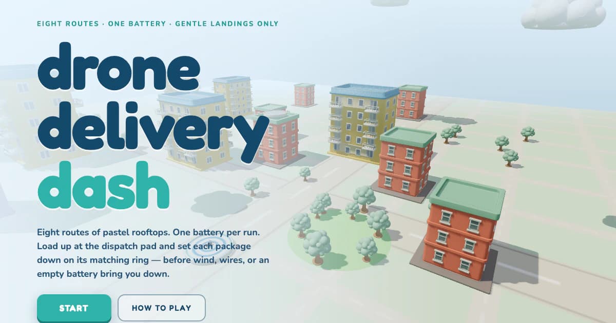The Drone Delivery Dash title over a colorful miniature city of apartment rooftops and trees.