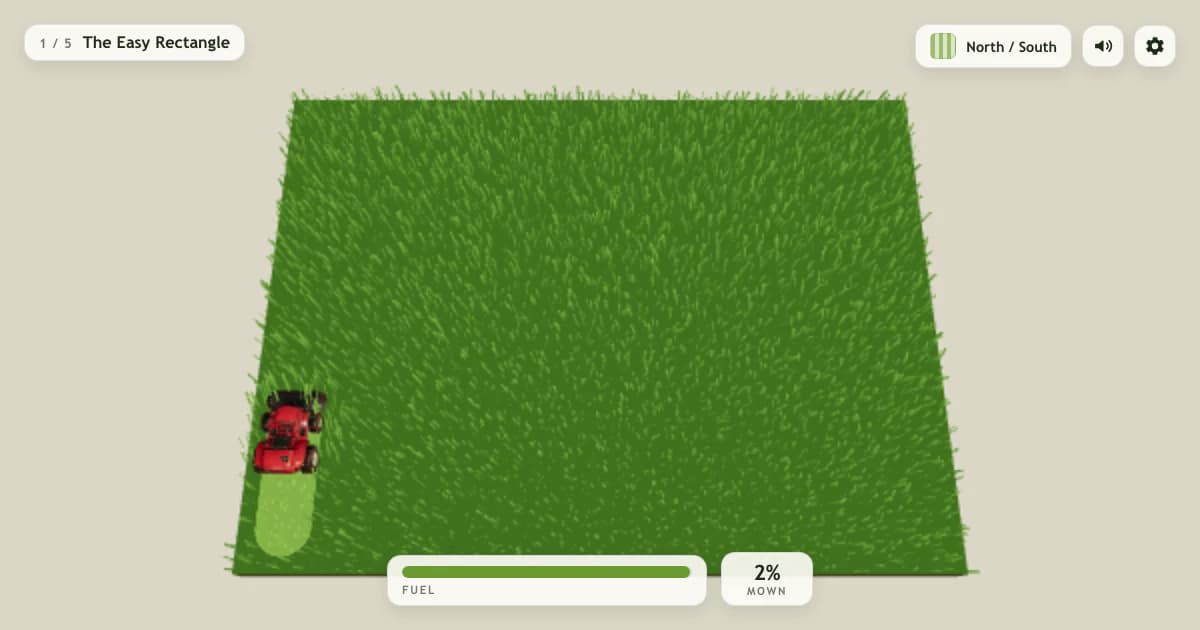 A small mower cutting alternating bright stripes across a stylized garden lawn.