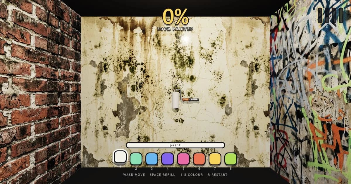 A paint roller laying a vivid fresh coat across a grimy interior wall.