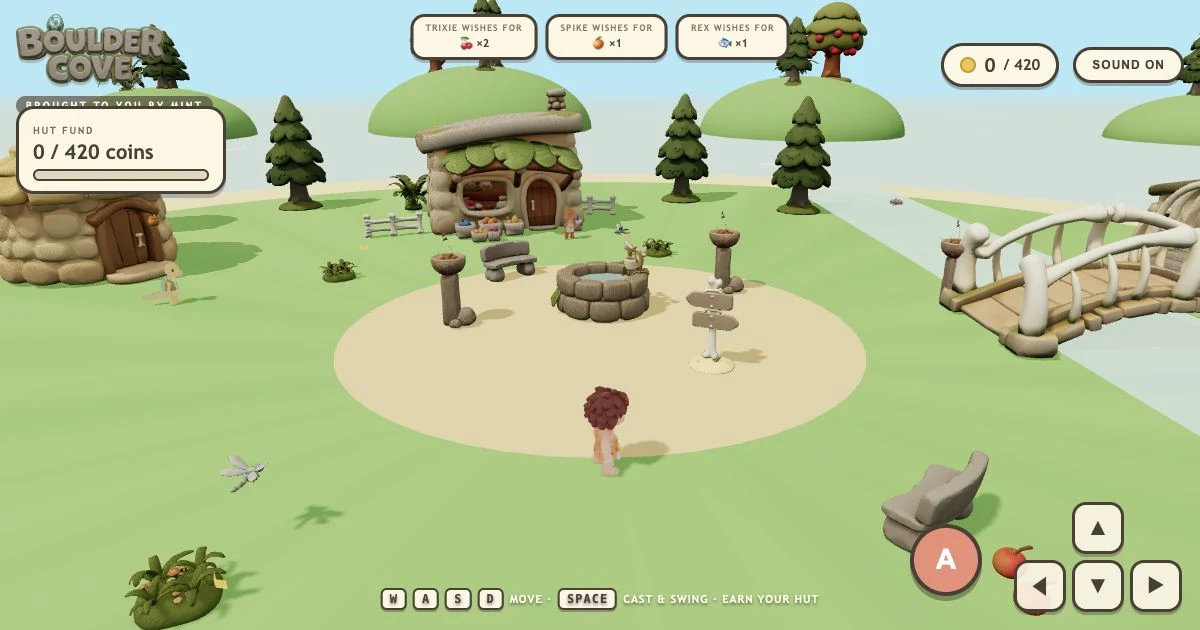 A cave kid explores a pastel prehistoric village with stone huts, a bone bridge, trees, tools, and a life-sim HUD.