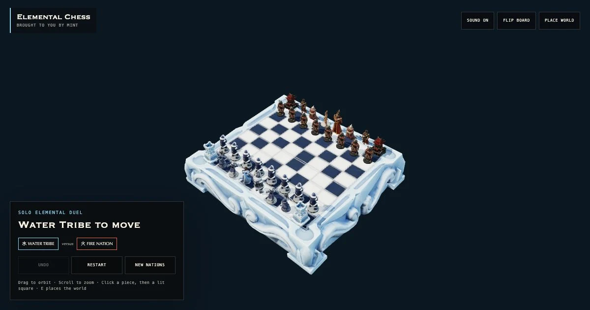 Water Tribe and Fire Nation sculptures face each other across an ornate icy chessboard.