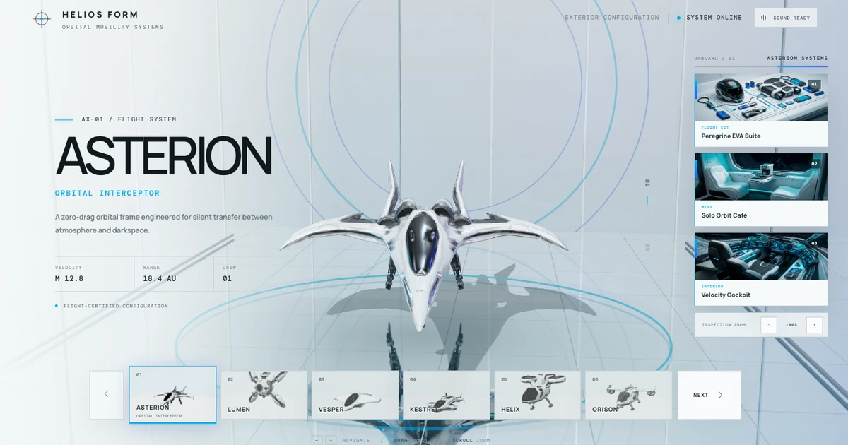 Helios Form orbital vehicle showroom