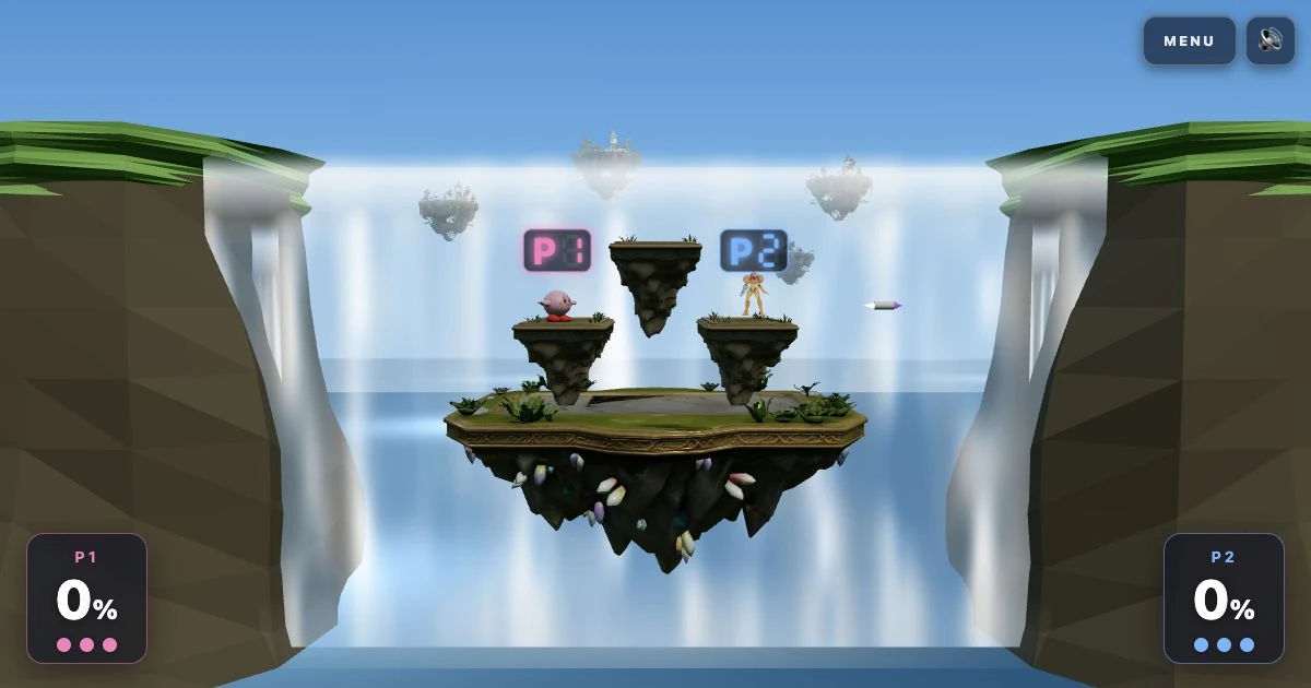 Two colorful fighters battle on a floating three-platform arena above waterfalls and distant sky islands.