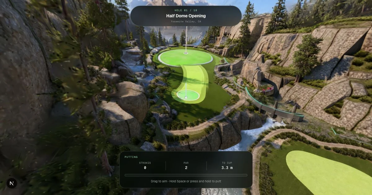 Aerial view of Half Dome Opening, a lime-green putting lane through a rocky Yosemite-inspired landscape