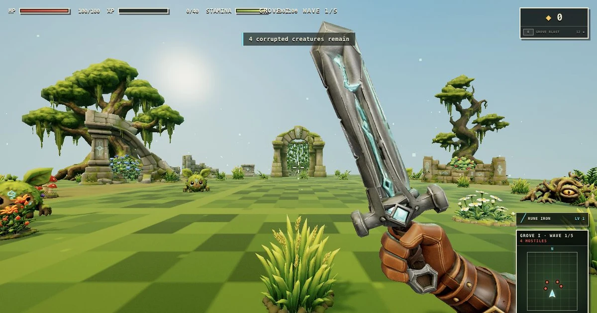 A rune sword facing corrupted grove creatures among mossy ruins