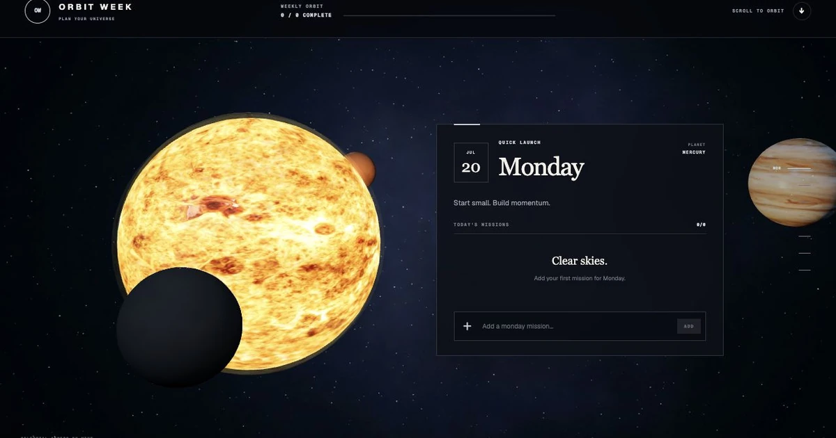 A glowing Sun and dark Mercury frame the Monday mission planner against a deep-space star field.