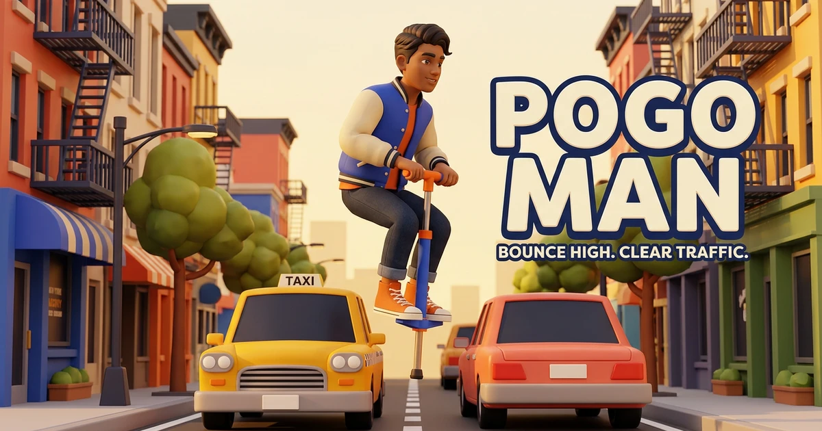 A stylized rider bounces on a pogo stick over yellow and coral cars on a colorful city street.