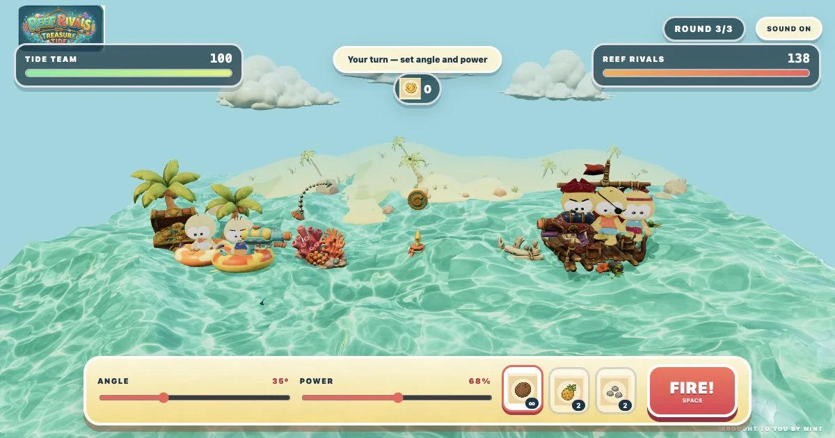 Two tube-riding heroes face a three-pirate raft crew in the tropical Reef Rivals arena.