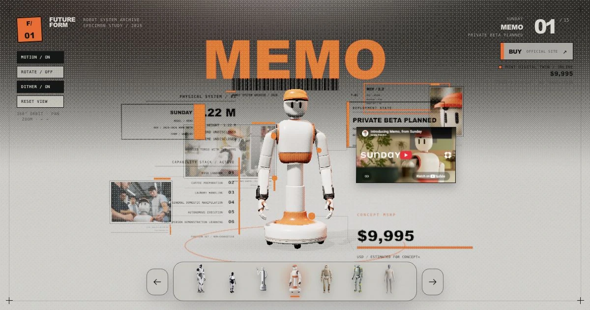 Editorial robot storefront featuring the orange-and-white Sunday Memo robot surrounded by technical callouts and a carousel of robot models.