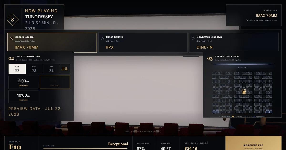 Seatline NYC showing a selected seat beside the 3D auditorium sightline and booking controls.