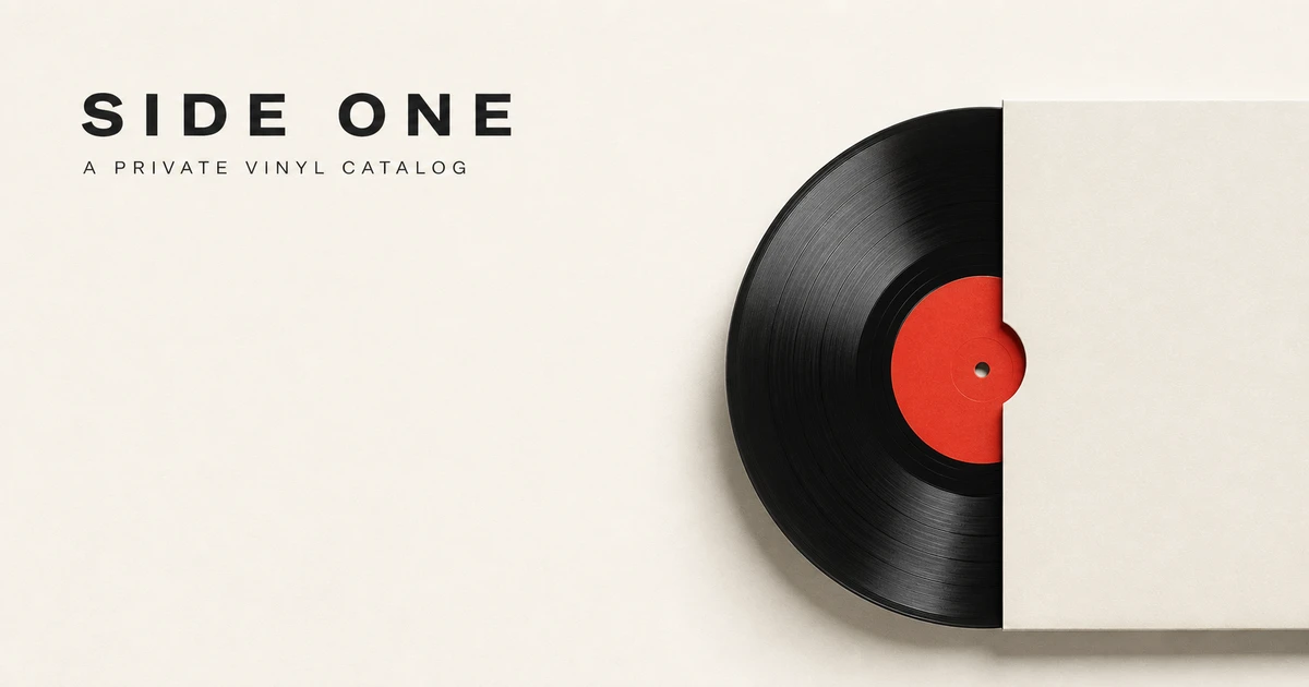 A black vinyl record with a red center label emerging from a minimal cream sleeve beside the Side One wordmark.
