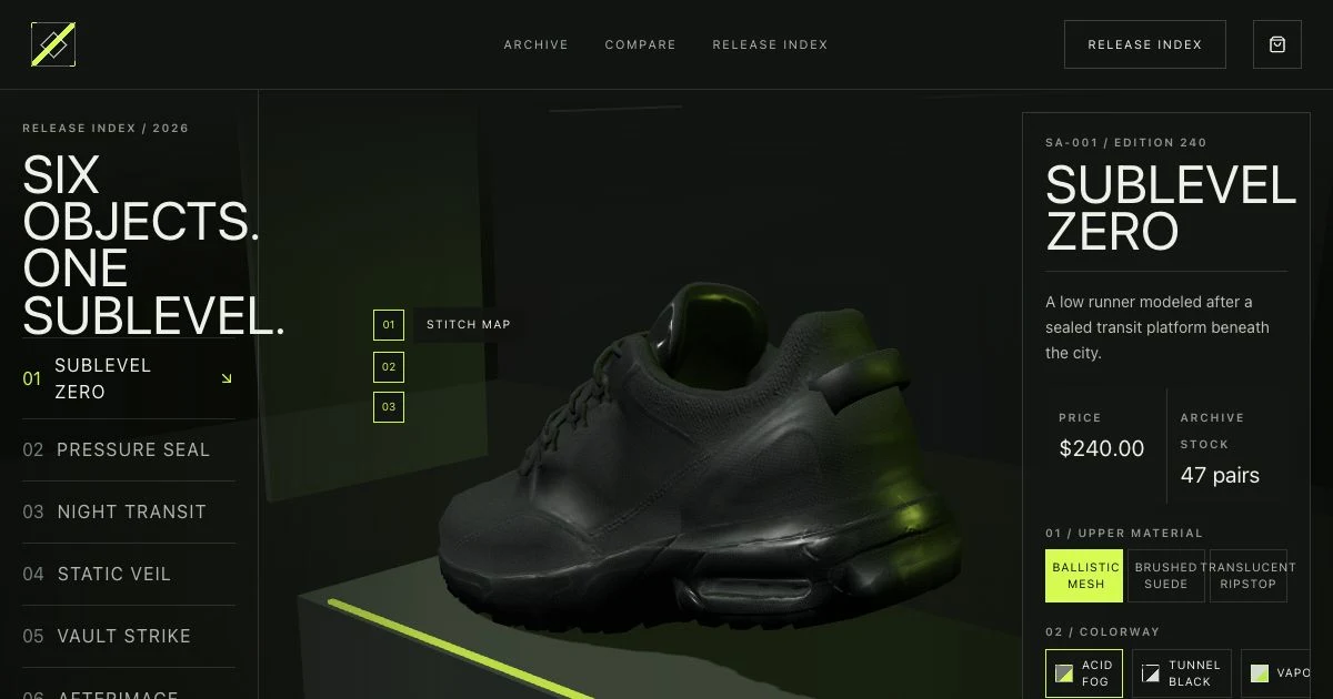 Sole Archive showing the Sublevel Zero sneaker in a dark acid-green configurator with product controls.